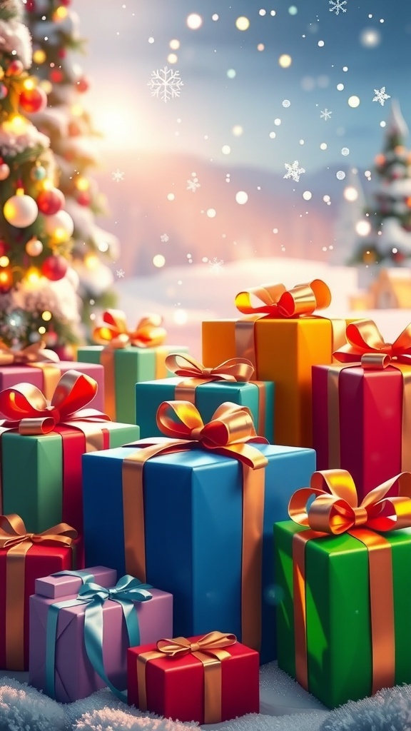 Animated Christmas gifts with colorful wrapping and ribbons, set against a snowy backdrop.